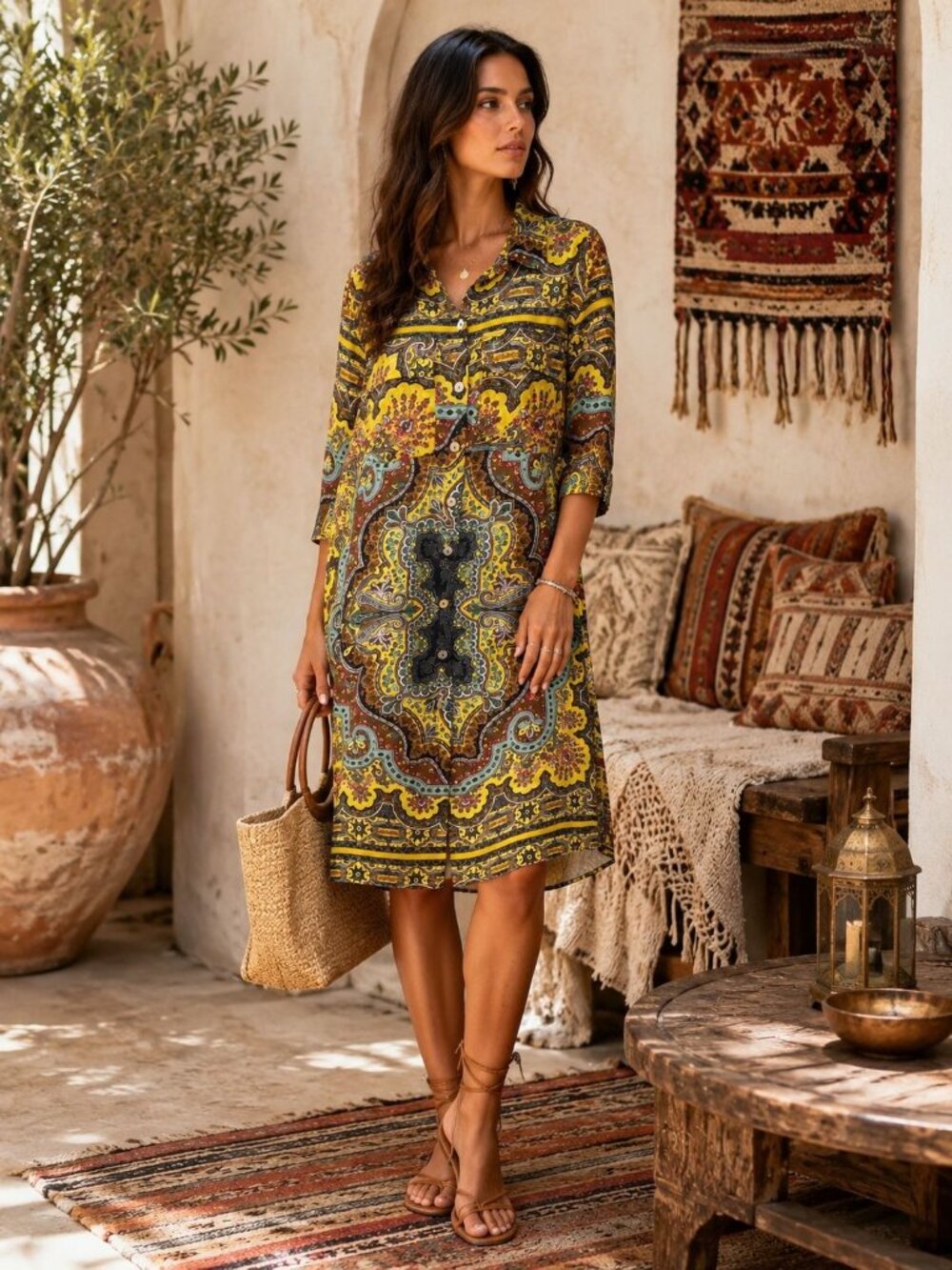 ZARA size XL Yellow Printed Tunic dress w/ Pockets NEW Boho Chic button front - Picture 9 of 10